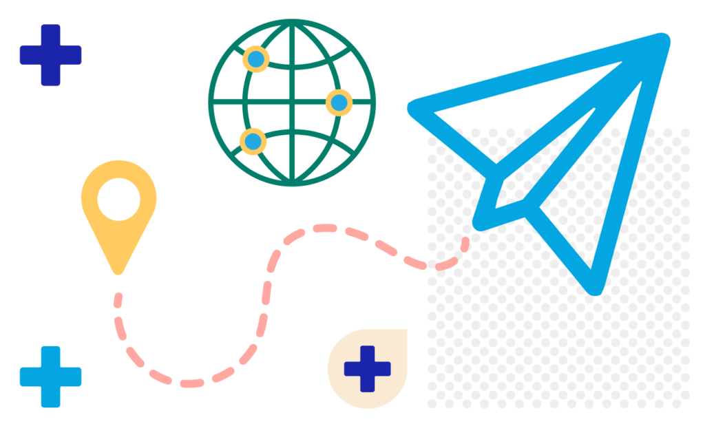 Paper plane, location icon, and globe representing the internet