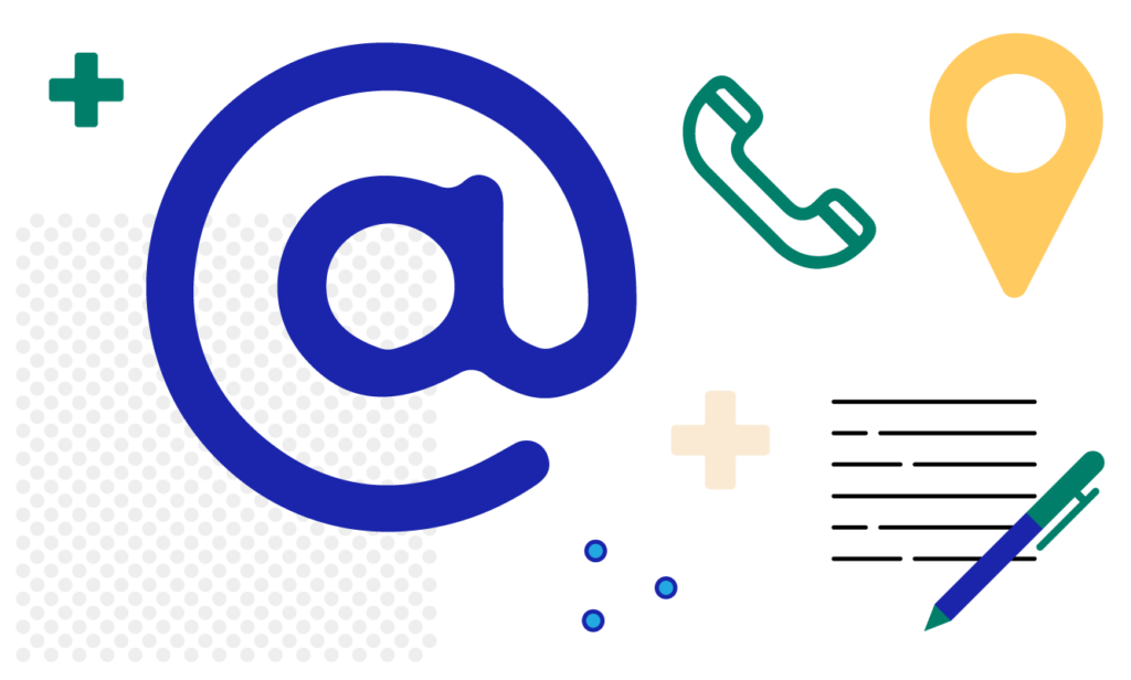 Email symbol, location icon, and paper and pen